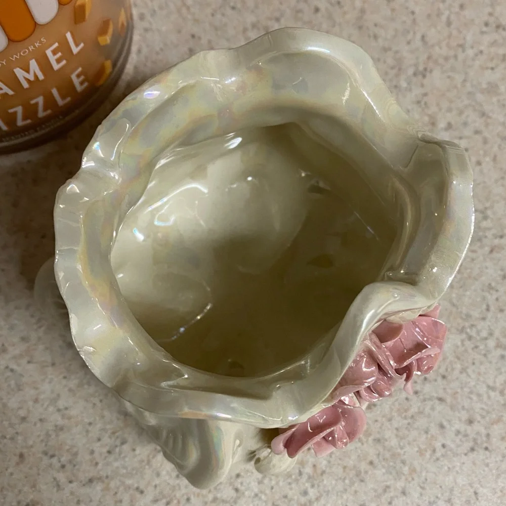 Ceramic Floral Footed Vase | Pink Rose Planter | Iridescent Cream Vase | New